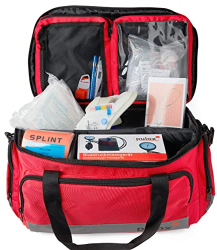 PULOX Erste-Hilfe Notfalltasche inkl. Füllung - Große, professionelle Sanitätstasche für Rettungsdienst und medizinisches Personal in Rot/Gefüllt