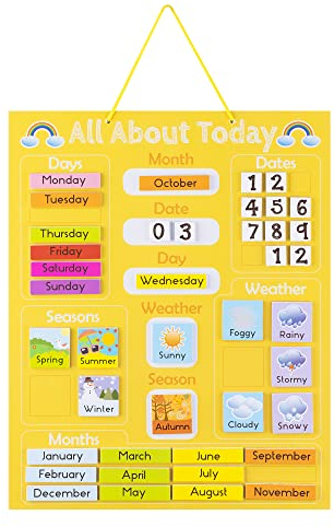 Navaris Kalender Tafel für Kinder - Lerntafel Jahreszeiten Uhr - Magnet Spiel Lernuhr - Kinderkalender Jahreskalender - magnetisch - gelb - Englisch