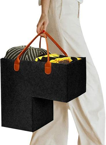 TYTOGE Cesta de escalera con cuero, asas de fieltro, organizador de escaleras de madera