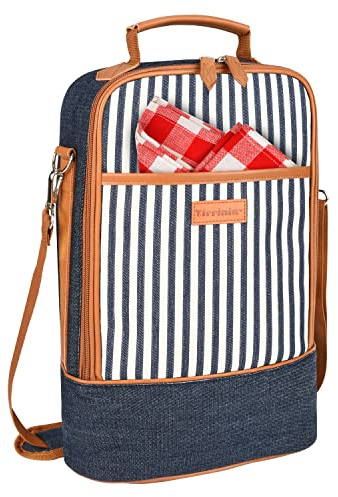 Kato Tirrinia 2 bottiglie di gelato isolate borsa per vino portatile con tracolla per bicchiere di vino borsa termica per picnic BYOB ristorante degustazione di vino strisce jeans 24 x 9 x 36 cm