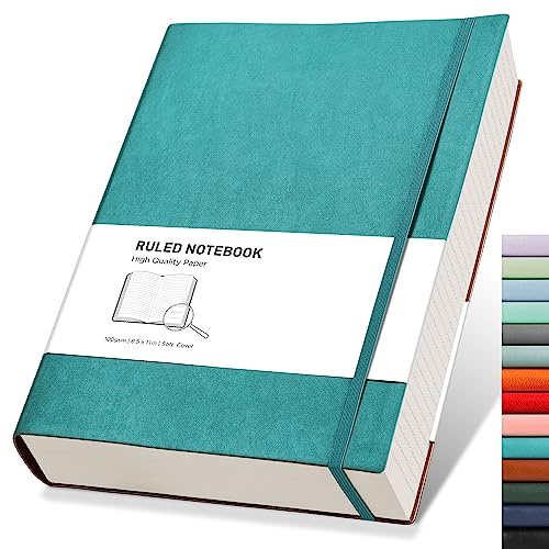 RETTACY A4 Lined Notebook, Leather Softcover Journal, 320 Pages, Cyan | Notepad for Men Women, 100 GSM Thick Ruled Paper, for School Office Writing - 21.5 × 27.9 cm