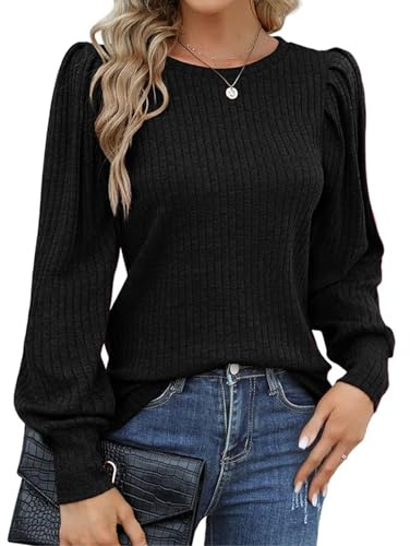 HOTOUCH Tops for Women Long Puff Sleeves Jumper Round Neck Lightweight Sweaters Autumn Winter Black M
