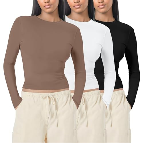 pvucpot Lot de 3 Hauts Décontractés pour Femmes Top Moulant pour Femmes T-Shirts Moulants à Manches Longues Tops Basiques Couleur Unie Dupe T Shirt