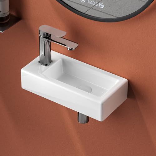 EMKE Lavabo suspendido 365 x 180 x 90 mm – Lavabo compacto y elegante para pequeños baños y aseos invitados – Grifo a la izquierda, instalación en pared, blanco brillante