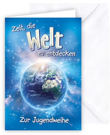 KE - Moderne Karte zur Jugendweihe, Glückwunschkarte, mit Umschlag, weiß, Motiv: Erde, Weltkugel, Silberprägung, Format: B6