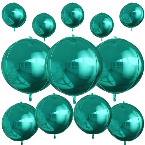 12Pcs Dark Green Round Foil Balloons, 22 15 10 4D Helium Ball Balloon, Metallic Green Foil Balloon for Birthday Graduation Wedding Anniversary New Year Eve Disco Prom Party Decorations