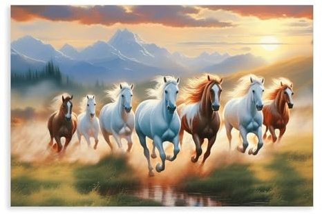 Seven Horses - Quadro da parete con 7 cavalli fortunati su tela, per camera da letto, ufficio, camera da letto, soggiorno, camera da letto