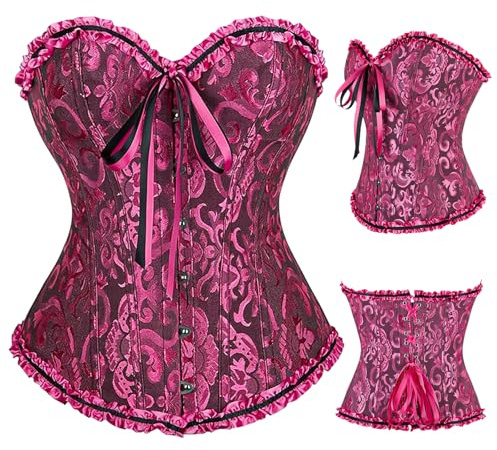 SilverChry Corset Femme, Broderie Bustier Classique, Sexy Steampunk Gothique Bustier Top,Corsage Ventre Plat Corset Top (FR/ES, Alpha/lettres, TG, Taille normale, Taille normale, Rouge Rosé)