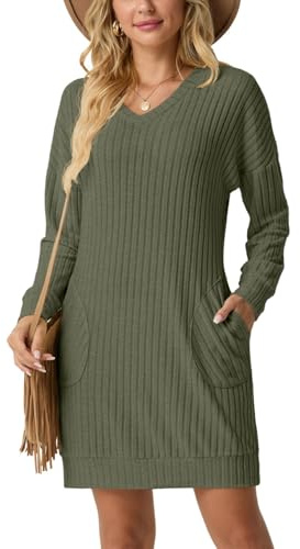 PrinStory Jumper Dress for Women UK Long Sleeve V Neck Sweater Dress with Pocket Loose (Army Green, M)