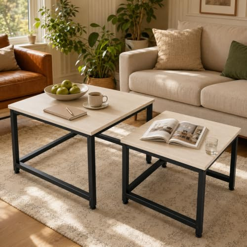 Hawthyhome Square Coffee Tables, Nesting Coffee Table Set of 2, Modern Side Tables with Metal Frame, Industrial Stacking End Tables for Living Room Bedroom Office, 60 * 60 * 45cm, Creamy White