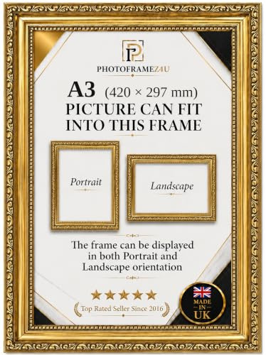 Ornate gold picture frame for A3(420x297) mm Picture | Photo frame for wall hanging | Perfect for Posters, Artwork and Jigsaw Puzzles.