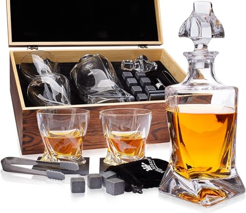 Whiskey Decanter Set by Royal Reserve – Artisan Crafted Twisted Whisky Decanter 34 oz 1000 ml with Glasses, Whiskey Stones, Coasters and Tongs – Whiskey Gift Set for Men, Husband, Dad, Friend