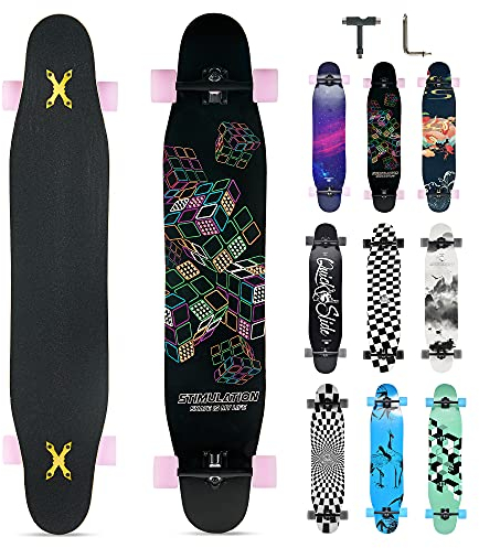 Opurtdor Longboard 118CM Profi Skateboard Komplettes Cruiser Trick 8 Etagen Ahornholz Wood Schwarzes Longboard für Anfänger Erwachsene Teens Mädchen Jungen (Buntes Zauberwürfel)