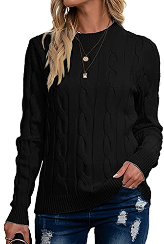 Breampot Women Cable Knit Jumper Casual Basic Long Sleeve Pullover Sweater Tops(Black,Medium)