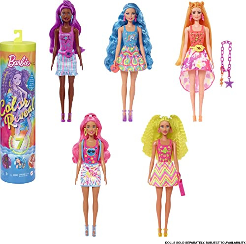 Barbie HCC67 - Color Reveal Puppe mit 7 Überraschungen beim Auspacken, Neonfarbener Batikdruck mit Farbwechsel, Mehrfarbig, Spielzeug Geschenk für Kinder ab 3 Jahren