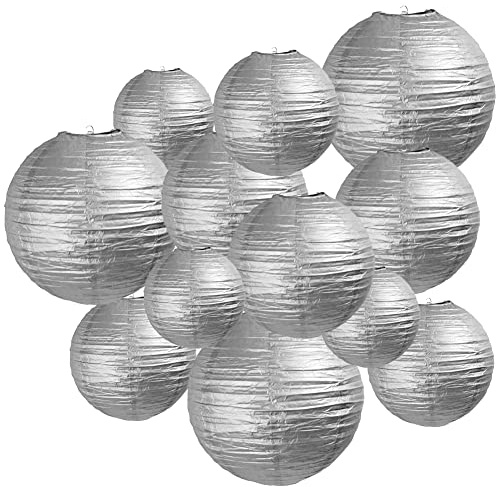 Famolay Silver Paper Lanterns 12 Pcs Assorted Size of 6 8 10 12 Chinese Round Paper Hanging Decorations Ball Lanterns Lamps for Home Decorations, Parties, and Weddings
