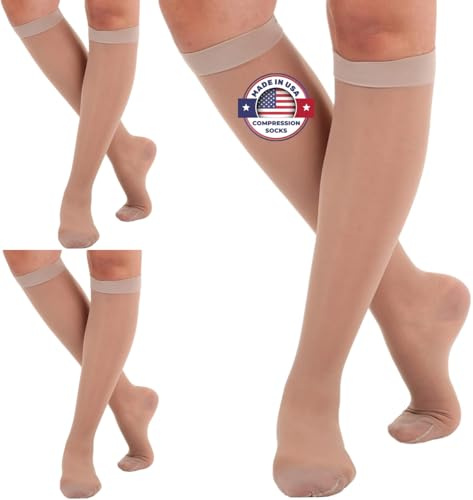 (3 Pairs - Closed Toe) Made in USA - Compression Socks for Women 15-20mmHg - Sheer Compression Knee High Stockings for Post Surgery, Pregnancy, Arthritis, Edema - Nude, Large - A101NU3-3
