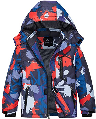 FARVALUE Boys Waterproof Ski Jacket Windproof Winter Coat Warm Snow Coat Outdoor Raincoats Hooded Windbreaker Orange Camouflage 6-7