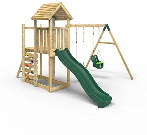 Rebo® Extended Tower Wooden Climbing Frame with Swings and Slide - Rainier | OutdoorToys | Kids' Outdoor Wooden Garden Play Equipment, Children's Jungle Gym