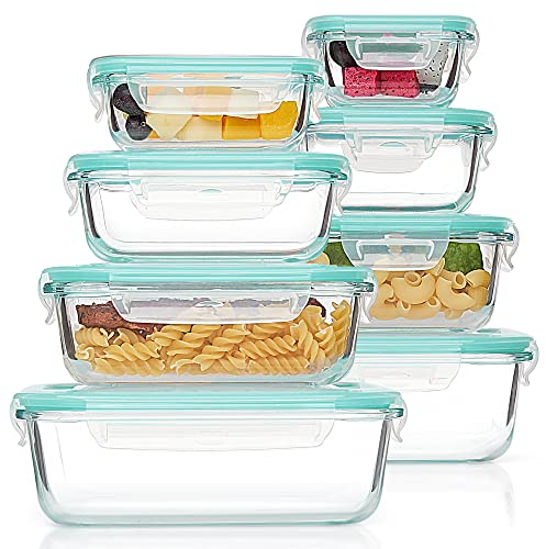 Vtopmart Lot de 16 Boite Alimentaire Verre（8 Récipient, 8 Couvercle）,Boite en Verre avec Couvercle Alimentaire, Boite Hermetique Alimentaire,Convient aux Micro-Ondes et Lave-Vaisselle，Sans BPA,Vert
