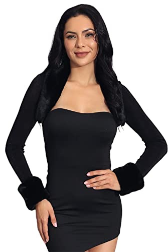 GORAIS Womens Bolero Shrugs Black Evening Fur Bolero Jackets Party Long Sleeve Fur Shrug for Wedding Dresses