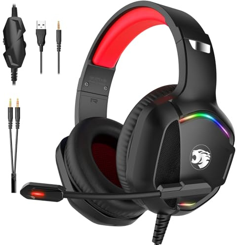 Gaming Headset with Microphone for Pc, Xbox One Series X/s, Ps4, Ps5, Switch, Stereo Wired Noise Cancelling Over-Ear Headphones with Mic, RGB, for Computer, Laptop, Mac, Nintendo (Red)