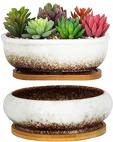 ARTKETTY Vasi per piante grasse, vasi in ceramica per piante grasse con vassoio di drenaggio in bambù, 1 vaso da fiori rettangolare + 1 vaso rotondo per cactus bonsai da interno (bianco)
