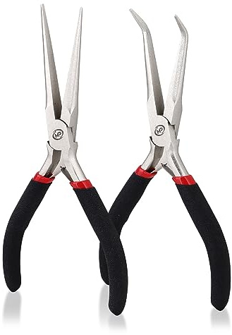 MaxoPro Premium 6 Inch Mini Needle Nose Pliers Set - 2 PCs Bent and Straight Long Nose Pliers with Comfort Grip - Non-Serrated Rust-Proof Long Reach Jewelry Pliers for Jewelry Making, Handmade Craft