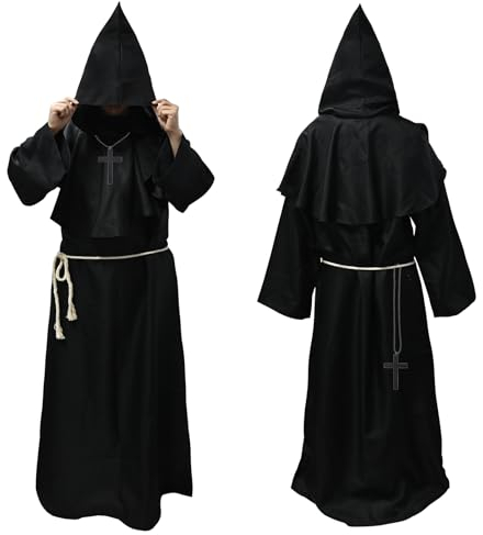 Faburo Robe Mönch Kostüm Herren mit Kapuze und Kreuz, Mönch Priester Kostüm Gewand Mittelalter Renaissance für Halloween Karneval, Hooded Mönchskutte Halloween-Kostüm Herren Cosplay Mönchskostüm (XL)