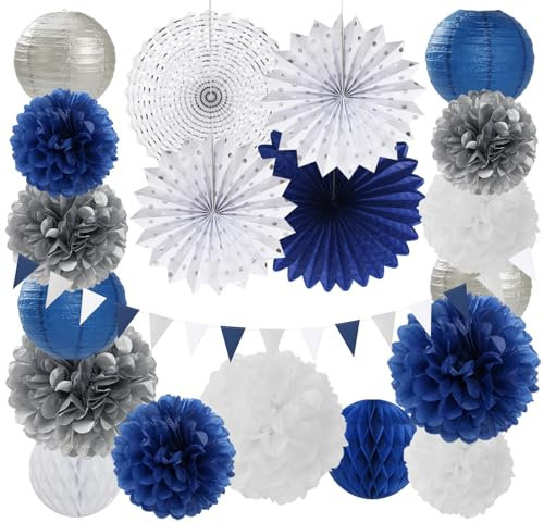 Navy-Blue White Silver Party-Decorations - 20pcs Graduation Paper Lanterns Fans,Tissue Pom Poms,Honeycomb Balls,Bunting,Birthday Bridal Bachelorette Christmas Baby Shower Wedding Decor Burgleda