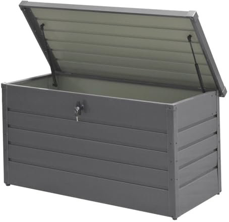 DKIEI Metal Garden Storage Box, 360L Waterproof Outdoor Storage Container Furniture Deck Box Outdoor Storage Bench with Lockable Lid for Patio Cushions Tools and Pool Toys, Grey