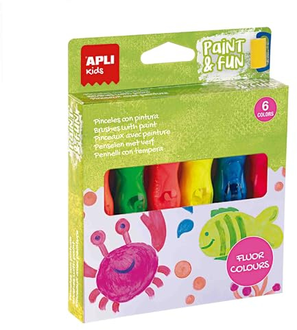 APLI Kids 19418 - Temperas en tubo con pincel, pintura infantil de colores flúor, 6 pinceles de 13ml, juego de pintura lavable para niños