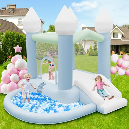 FBSPORT Château gonflable bleu avec piscine à balles coulissante et trampoline avec souffleur d'air pour enfants, tout-petits, intérieur et extérieur, jardin, parc, jardin, fête, mariage, cadeau
