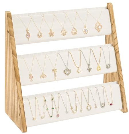 Emfogoo Necklace Stand, 3-Tier Necklace Holder Jewellery Organiser Stand with Velvet, Wood Necklace Jewellery Display Stand for Selling, Necklace Organiser for 72 Necklaces Bracelets (Rustic Brown)