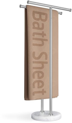 KES Free Standing Towel Rail 3X Thicker Round Marble Base for Bathroom, Double T-Shape Towel Holder Stand with 100% Natural Mable Base, 18/8 Stainless Steel, Brushed Finish, BTH237B-2