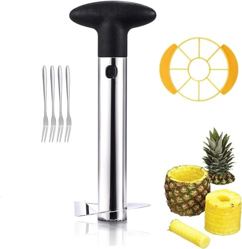 Set di taglierina per ananas in acciaio inox, con snocciolatore e 4 forchette da frutta, per tagliare semi di ananas, bucce di ananas e fette di ananas