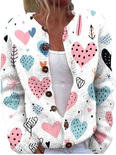Women'S Cardigans Winter Love Heart Cute Pattern Printed Knit Jumper Button Crewneck Woolen Sweater Open Front Tops Trendy Outwear Coat Classic-Fit Tunic Top Valentine'S Day Gift for Him White