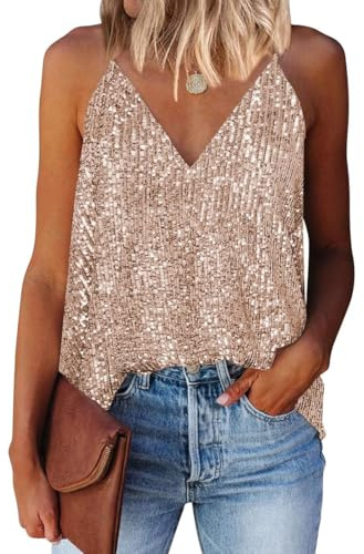 EUDOLAH Women's Vest Casual Fashion V-Neck Tie Sequins Glitter Camisole Sleeveless Tank Top (Small, Beige)