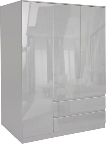 Blisswood High Gloss Bedroom Wardrobes 3 Door 2 Drawer Wardrobe with Shelf Hanging Rail Cloth Storage Wooden Wardrobe with Drawer Large Cupboard Bedroom Furniture, Grey