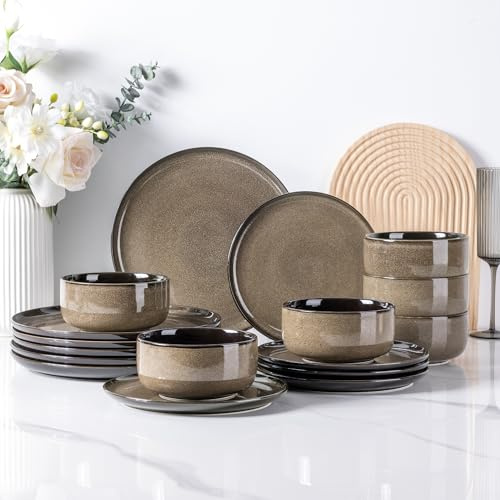 LeRatio Dinner Set for 6, 18 Pieces Stoneware Plates and Bowls Set, Chip & Scratch Resistant Reactive Glazed Dinnerware Set, Dishwasher & Microwave Safe Crockery Set, Chocolate Malt
