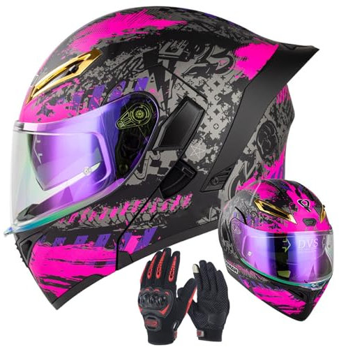VHVYWY Casco da Moto Donna Omologato con Doppia Visiera, Caschi Integrale Apribile Anticollisione con Guanti per Kart, Scooter, Jet, Ciclomotore 01,M