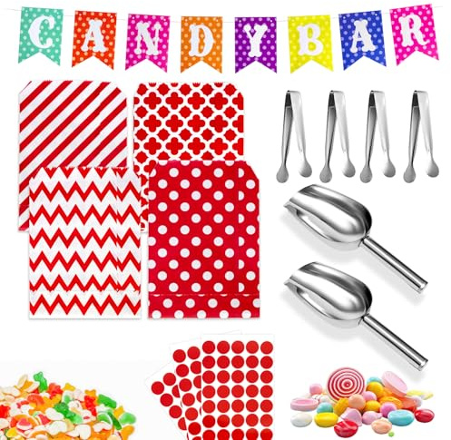 110 accessori Candy Bar, contiene 100 sacchetti Candy Bar e 4 pinze per zucchero con punta rotonda, 2 pala per candybar e 3 fogli adesivi e 1 ghirlanda decorativa di colore caramelle, adatto per feste