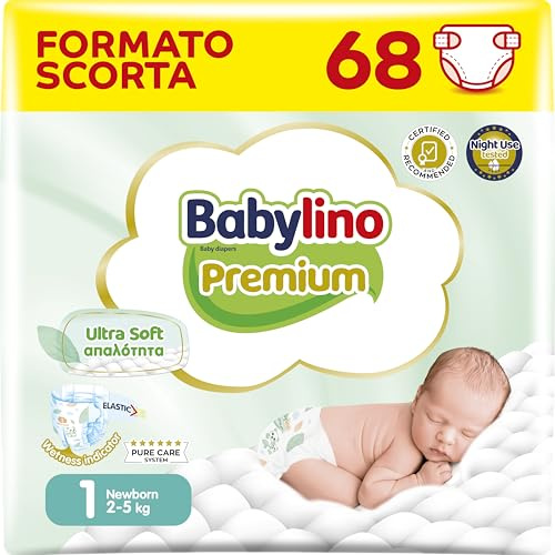 Babylino Premium, Pannolini Neonato Taglia 1 con filtrante ULTRA SOFT, Newborn (2-5Kg), 68 Unità