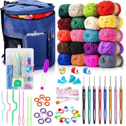 75 Farben Häkelwolle Set, Große Stricktasche, 20 Garnfarben, komplettes Set Mit Strickzubehör Einschließlich Häkelnadeln, Maschenmarkierern, Maßband und Mehr, Anfänger Crochet ,Large Knitting Bag