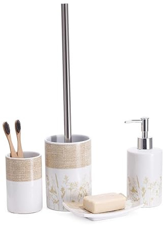 BM Set di Accessori da Bagno in Ceramica con Motivo Botanico, Set Accessori Bagno Completo 4 Pezzi, Dispenser, Portaspazzolino, Portasaponetta, Portascopino