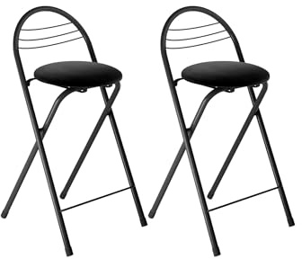 Amveya Set di 2 Sgabello Pieghevole in Metallo con Seduta in Morbido Velluto, Portatile Sedia Nera con Schienale e Poggiapiedi, Sgabelli da Bar, Cucina, Giardino, Altezza 60 cm