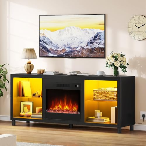 YITAHOME 148 cm Meuble TV Cheminée Electrique pour TV de 55/60/65, Cheminée électrique avec Chauffage, cheminée, Effet Flamme, télécommande, éclairage LED et minuterie minuteur & Thermostat (Noir)