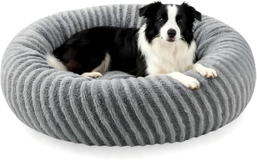 Pawk Cestino per cani rotondo, comodo cesto per gatti, ciambelle, letto per cani, lavabile con fondo antiscivolo, cesti per cani e gatti in peluche Lmitation coniglio e pile Teddy, ø76 cm, grigio