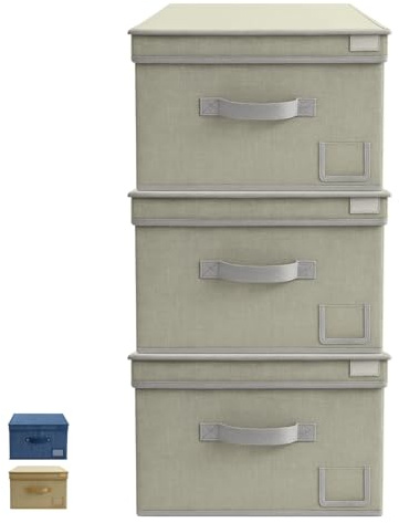 VIRSUS Set 3 Scatole Maxi Portaoggetti Pieghevole in tessuto con coperchio 6901, misura 50x40x25 cm, contenitore salvaspazio con maniglia e Portaetichetta, organizer per Armadio (Grigio)