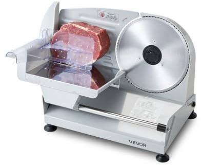 VEVOR Cortadora de Fiambre Eléctrica 200 W, Cortafiambres Eléctrico con Cuchilla SUS420 de 190 mm, Grosor Ajustable de 0 a 15 mm, Velocidad de Corte de 75 a 100 RPM, para Carne Congelada, Baguette
